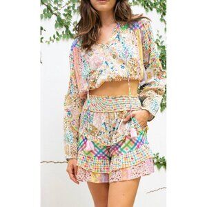 Barok Womens Multicolor Patchwork Floral Smocked Waist Ruffle Shorts S